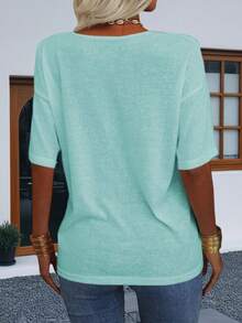 ​Women's Oversized V-Neck Half Sleeve Loose Fit Solid Color Casual T-Shirt​ - Màu xanh bạc hà - Xem 3