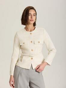 Women Single-Breasted Textured Long Sleeve Round Neck Casual Jacket