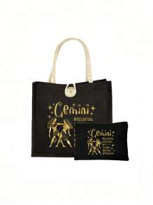 Geantă tote cu model de constelație aurie și geantă mică cu model de constelație, geantă tote neagră din in