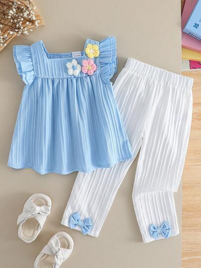 夏季新款年轻女孩时尚 3D 花卉装饰上衣和休闲裤套装