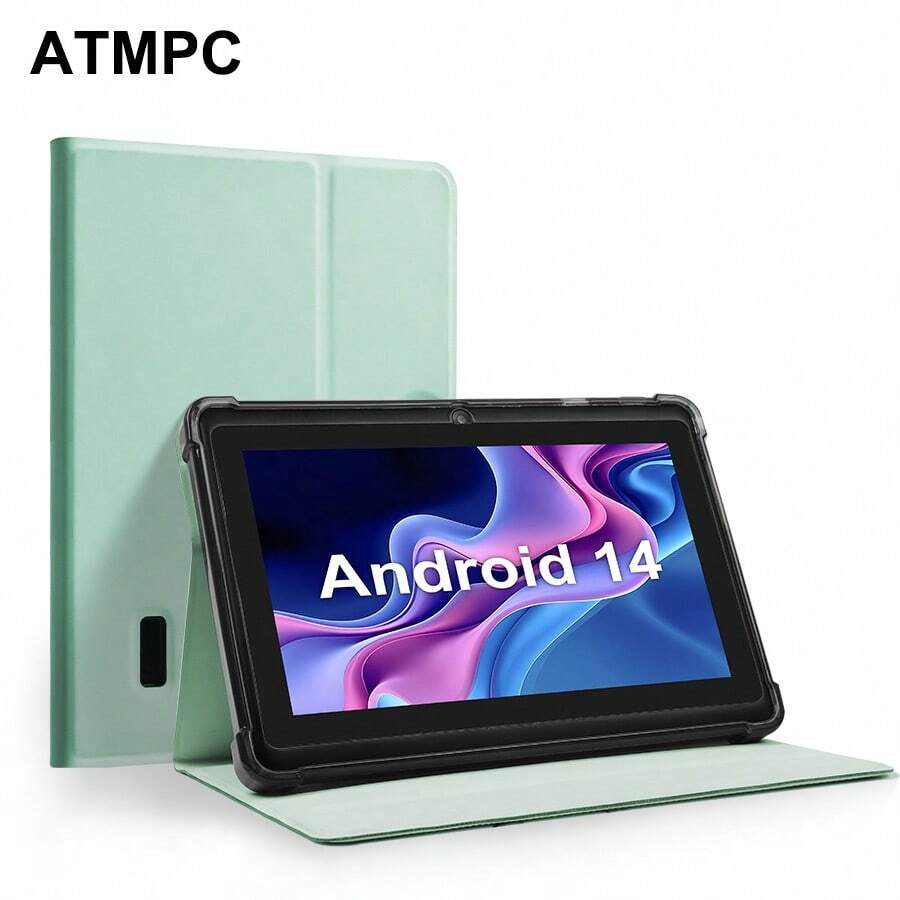 ATMPC 701A Tablet Android 14 de 7 Polegadas, Equipado com 2GB de DDR RAM, 32GB de ROM, 3500mAh, Processador Quad Core, Tela IPS 1024X600, Câmera Frontal de 30 Pixels e Traseira de 200 Pixels, Wi-Fi 802.11 B/G/N 2.4G, PC, Equipado com Capa de Couro Antiimpacto em Quatro Cores