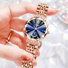 1 Stück Damen Uhrgehäuse in Roségold, Zifferblatt in Mehrfarbig, Armband aus rosévergoldetem Edelstahl, Römische Ziffern & Diamant Indizes, Quarzwerk, hochwertig-luxuriös & für den täglichen Gebrauch geeignet LA313