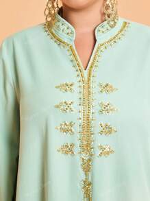 Abito lungo da donna con scollo a V, verde, ricamato con perle, maniche lunghe, nuova collezione Mgiacy