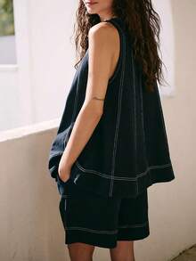 Women's 2pcs Sleeveless Matching Sets A Line Tank Tops Contrast Stitching High Waist Shorts With Pockets - màu đen - Xem 2
