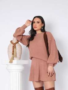 Women's Knit Set Short Asymmetrical Skirt And Puff Sleeve Blouse Foreign Blogger Fashion Autumn Winter - 查看 1