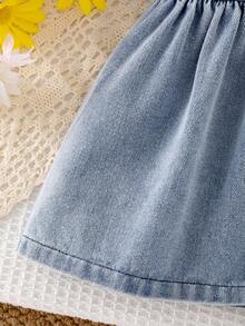 Baby Girl Simple Elegant Denim Button-Up Collared Puff Sleeve Dress - Medium Wash - View 7