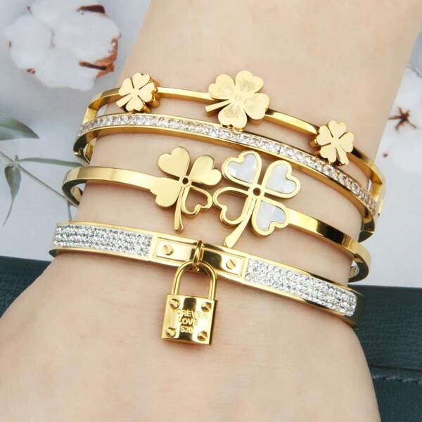 3pcs/1set Women Jewelry Accessories Bracelet Gift,Zirconian Inlaid Four-Leaf Flower, Butterfly Pendant Stainless Steel Bracelet