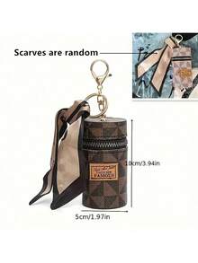Uma bolsa clássica vintage com zíper decorado com um cachecol, portátil e multifuncional, com um porta-chaves clássico, uma pequena bolsa clássica vintage e acessórios. Inclui um chaveiro tipo carteira rosa, um chaveiro com estampa vintage e elegante em formato de caixa de batom e uma bolsa para guardar fones de ouvido Bluetooth. - Multicolorido - Ver 5