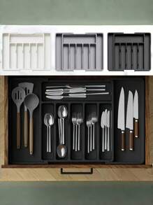 1 organizer per cucina e cassetti bianco/nero/grigio, vassoio portaposate allungabile da cucina, scatola portaposate e portaposate, scatola di immagazzinaggio in plastica regolabile per cucchiai, forchette e posate, grande regalo per le vacanze