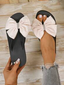 Bowknot Wedge Platform Flip Flops For Women, Summer Casual Outdoor Flat Sandals, Non-Slip Beach Travel Student Slippers, Holiday & Home Wear - Beige - View 6