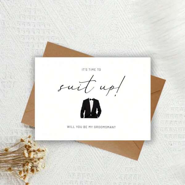1pc Elegant Groomsmen Proposal Card - "Time To Suit Up!" With Tuxedo Illustration, Ideal For Wedding Celebrations, Greeting For Gentleman, 5*7in - With Thick Envelope