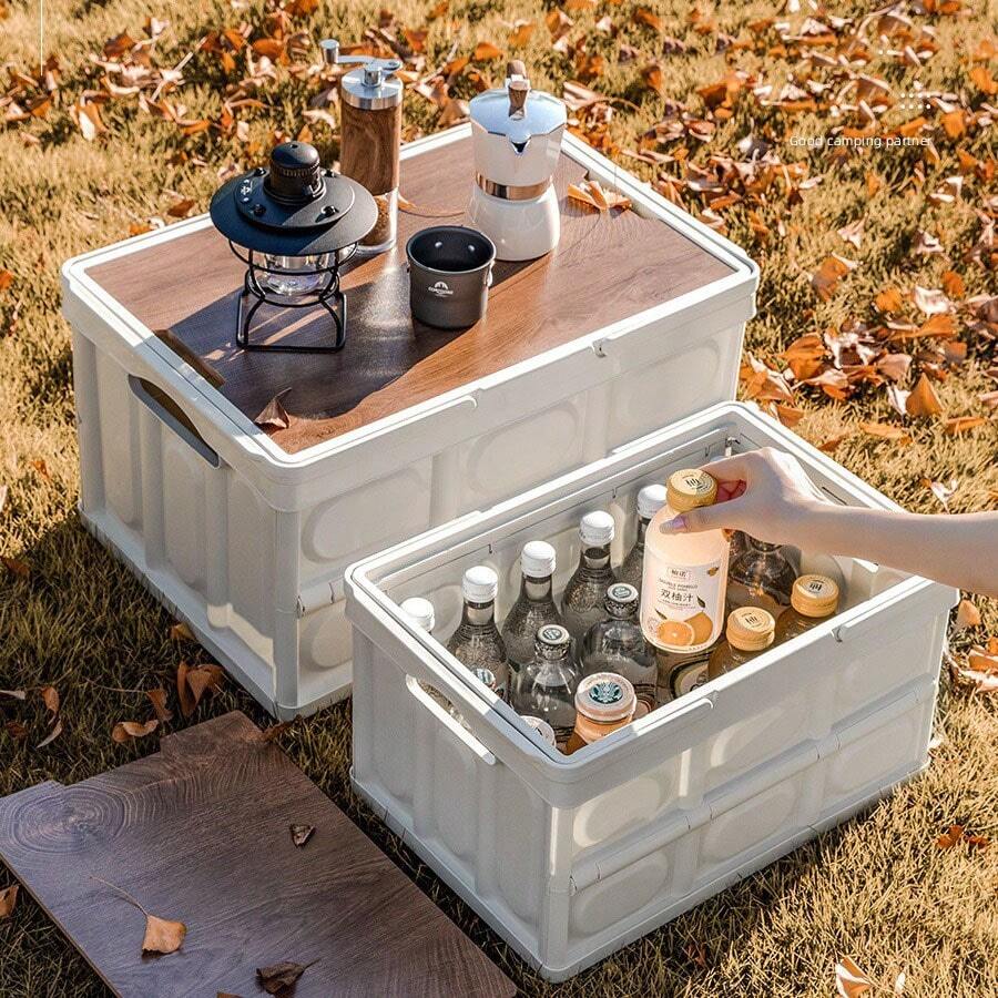 1pc Outdoor Portable Wooden Cover Folding Storage Box, Camping Picnic Basket, Car Trunk Toy Snack Storage Helpful Organizer - Black - View 1