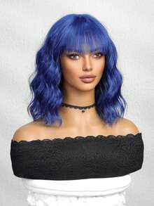 14 Inch Multi-Color Short Curly Bangs Synthetic Wig, Suitable For Women's Daily, Party, Christmas And Other Occasions - Blue - View 4