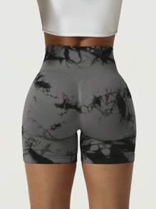 1 pieza Shorts deportivos de yoga con efecto tie-dye y bloques de color para mujer, con estiramiento, pantalón sin costuras para ciclismo al aire libre