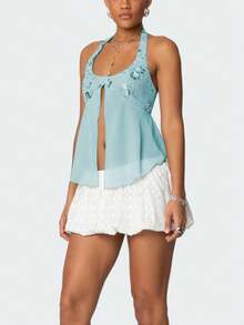 Women Sequin Beaded Mesh Patchwork Halter Top Y2K Sparkly Sleeveless Deep Low Cut Split Sheer Cami Tank Tops Glitter Rhinestone Backless Camisole Crop Tops Summer Slim Fit Vests Shirts Going Out Tops Club Party Beach Streetwear - 藍色 - 查看 4