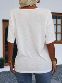 ​Women's Oversized V-Neck Half Sleeve Loose Fit Solid Color Casual T-Shirt​ - 白色 - 查看 3