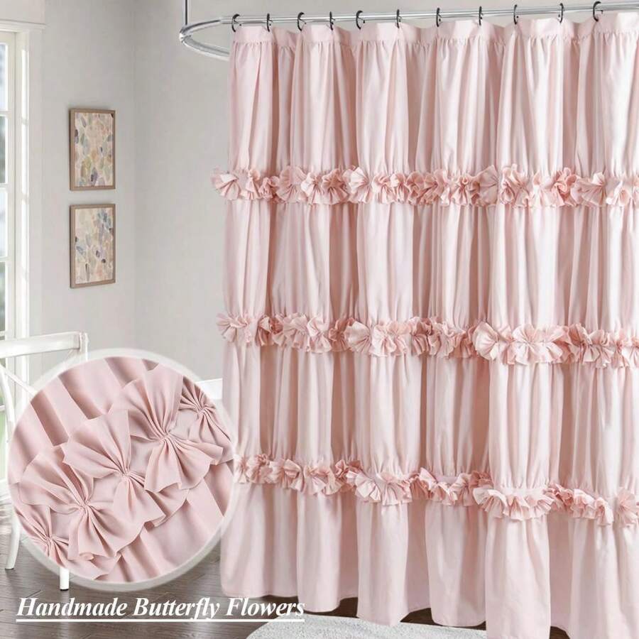 Victorian Ruffle Fabric Shower Curtain, Vintage Handcrafted Bow Tie Bath Curtain For Master Bathroom, Ruched Microfiber Bathroom Curtain With 12 Buttonholes, 72" W X 72" H