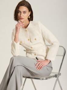 Women Single-Breasted Textured Long Sleeve Round Neck Casual Jacket