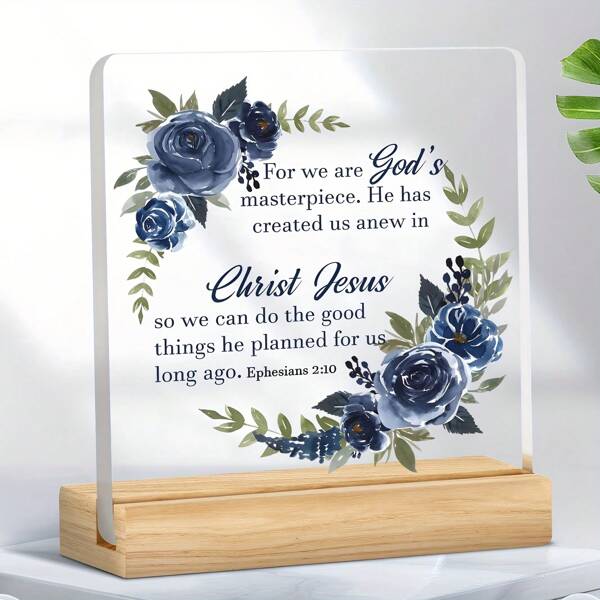 1pc, Acrylic Ornament With Wooden Base, As We Are Masterpieces Of God, Jesus, Flowers, Christian Gifts Based On Faith, Spiritual Gifts, Catholic Gifts, Wives, Home Decor Encouragement Gifts