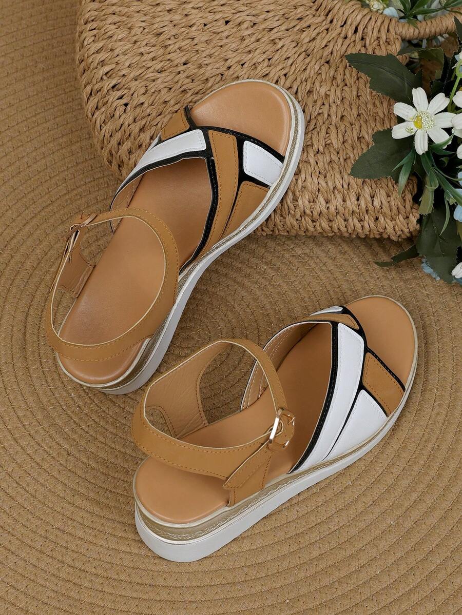 女士露趾坡跟凉鞋，厚底单扣罗马鞋，新款夏季厚底高跟凉鞋，适合矮个子