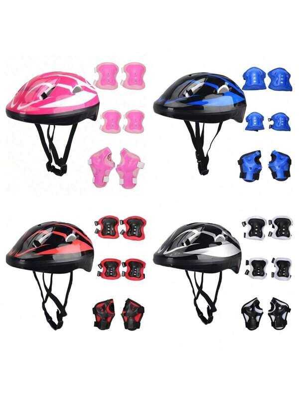 Juego de casco y almohadillas para niños de PVC, conjunto de 7 piezas de equipo para patinaje con casco, coderas, rodilleras y muñequeras, casco para ciclismo, patinaje sobre ruedas para patinete, bicicleta de equilibrio y carrito. Equipo de protección para deportes al aire libre.