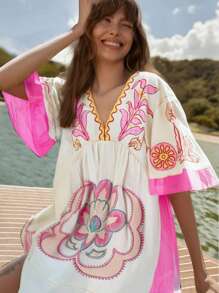 Vestito casual con stampa floreale boho, abbigliamento occidentale da donna, abito da festival musicale bohémien per vacanze estive e spiaggia, dolce abito stile babydoll; Abito aderente a maniche a pipistrello, scollo a V profondo, con stampa, per festa e club, abbigliamento da concerto