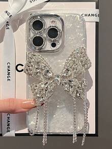 奢华闪光 3D 水钻心形支架银色亮片滴胶手机壳适用于 iPhone16 15 14 13 12 11 Pro Max 15 14 Plus 手机壳银色串珠手链防震后盖防水防摔防刮 - 蝴蝶 - 查看 3