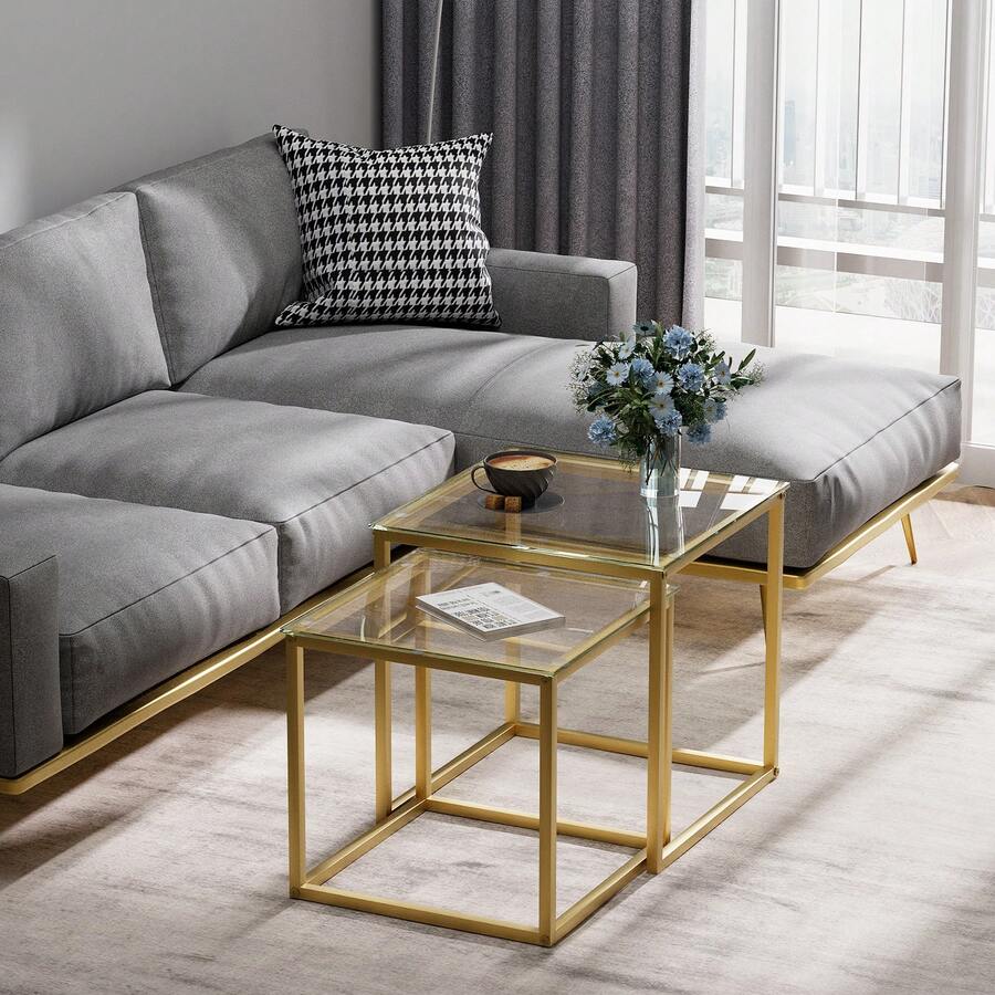 VILAWLENCE Coffee Table Set Of 2, Modern Gold Glass Side Table, Metal Frame Square End Table, Center Tables Nesting Coffee Table For Living Room,Bedroom And Small Spaces - Gold - View 1