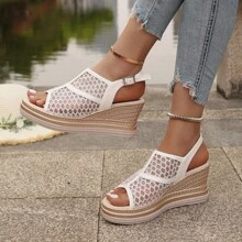 Sandales compensées sexy ajourées pour femmes, imprimé floral bohème de vacances, pour la plage/extérieur, l'été, semelle épaisse, respirant en dentelle et résille