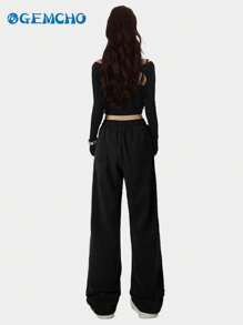 GEMCHO Wide Leg Casual Solid Color Adjustable Drawstring Waist Loose Fit Sports Pants With Side Pockets Daily