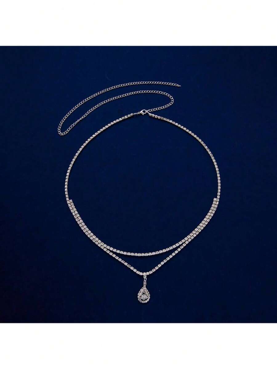1pc Rhinestone Teardrop Layered Waist Chain, Sexy Personalized Waist Ornament - Silver - View 1