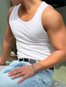 男士时尚休闲街头性感修身纯色罗纹无袖背心，轻薄面料，尺码偏小两码，请酌情选购。 - 白色 - 查看 6