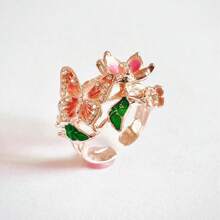 1pc Elegant Butterfly Resin Flower Decor Adjustable Ring, Alloy Material With Rhinestone, Suitable As Women/Girlfriend Gift, For Daily Wear