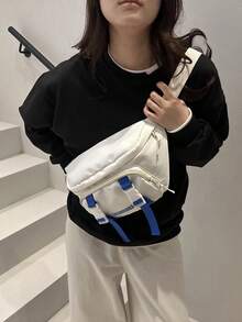 Fashionable Contrasting Color Casual Letter Printed Crossbody Bag, Casual Lightweight Chest Bag, Suitable For Shopping, Wallets, Shopping, Young Women, College Students, Newcomers, White-Collar Workers. They Are Very Suitable For Offices, Universities, Work, Business, Commuting, Outdoor Activities, Travel, And Outings - Blue and White - View 6