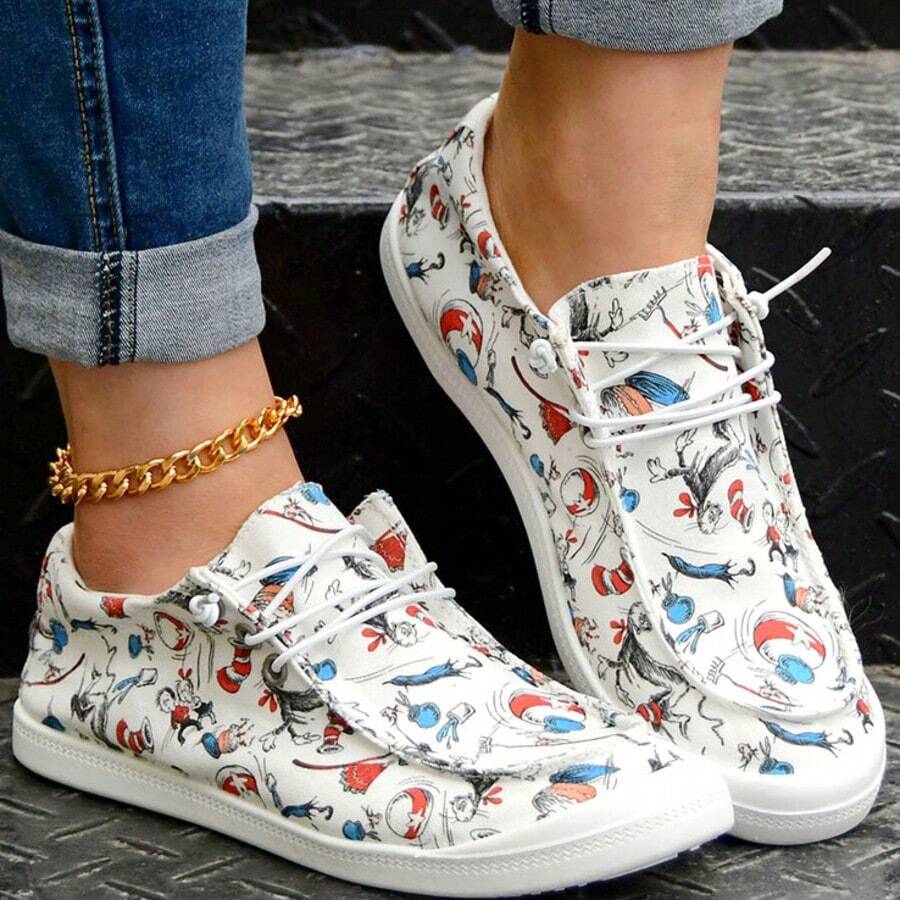 Women's Spring/Summer New Dr. Cat Print Flats Fashionable And Versatile, Comfortable Shallow Round Toe Tie Low Top Soft Sole Breathable Casual Sports Plus Size Women's Shoes - 白色 - 查看 1