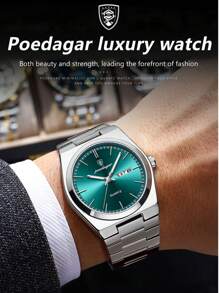 1pc Fashion Waterproof Luminous Stainless Steel Watch For Man With Date Week Display Casual Quartz Men's Watches Suitable For Daily Wear Male Wristwatch+Box