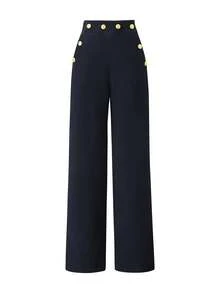 Women's High Waist Flowy Button Closure Slimming Design Casual Pants - Navy Blue - View 2