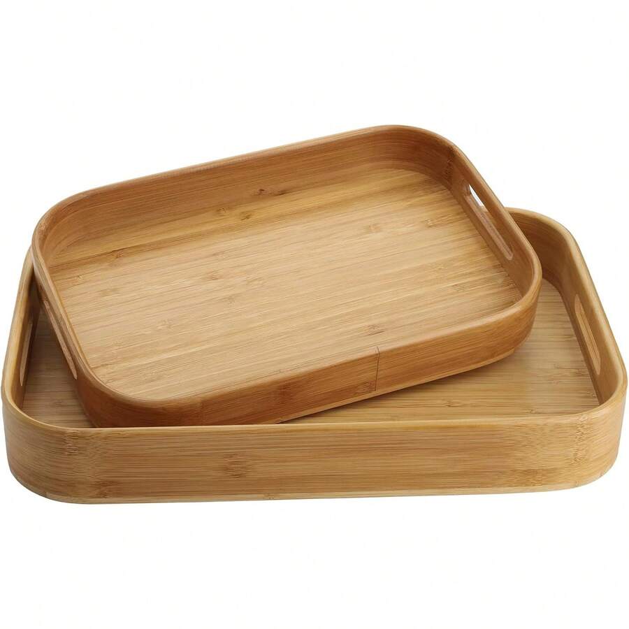Set Of 2 Bamboo Serving Tray, Solid Wood Breakfast Tray With Handles, Large Bamboo Food Tray Great For Dinner, Tea, Coffee, Bar, Parties, 15.6" L X 10.8" W /12.6" L X 8.5" W - 1 - View 1