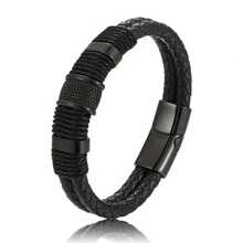 Fashionable Simple Woven Double Layer Leather Cord Bracelet For Men, Magnetic Clasp Leather Wristband Jewelry