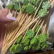 20/50/100/200pcs Monstera Leaf Design Fruit Picks, Party Decor Toothpicks, Hawaiian Bamboo Sticks, Suitable For Fruit, Dessert, Fruit Bowl Decor, Outdoor BBQ