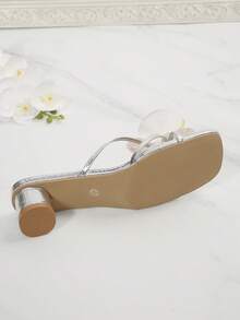 Butterfly Square Toe Sandals, Minimalistic Design High Heel Slides, Elegant Goddess Style, Chunky Heel, Spring/Summer 2025 - Silver - View 9