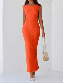 Women Elegant One Shoulder Mesh Maxi Dress Maxi Dress Summer Sleeveless Ruched Slit Back Bodycon Dress Formal Cocktail Wedding Guest Night Out Evening Valentine's Day Long Maxi Dress - 橘色 - 查看 6