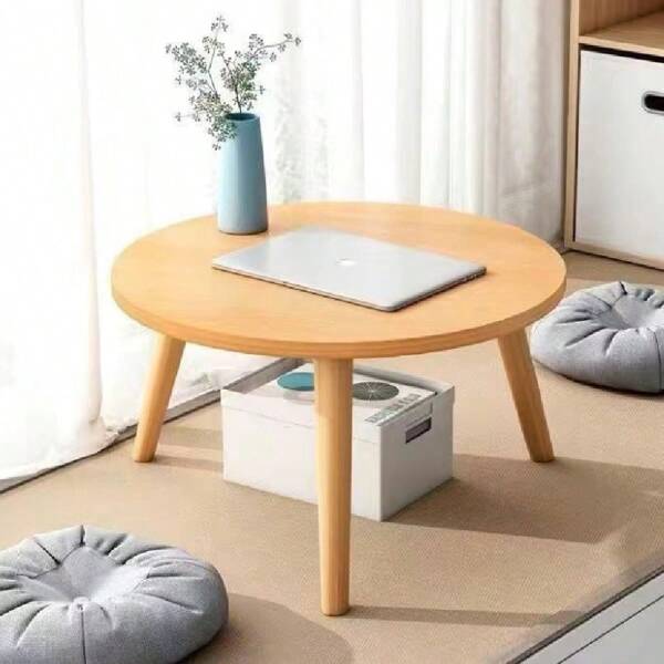 Tatami Teetisch, Kaffeetisch aus Holz, Beistelltisch Balkonfenster für Wohnzimmer Schlafzimmer, Kindertisch rund 50x50x42cm, Schwarz / Weiß / Eiche hell