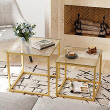 VILAWLENCE Coffee Table Set Of 2, Modern Gold Glass Side Table, Metal Frame Square End Table, Center Tables Nesting Coffee Table For Living Room,Bedroom And Small Spaces - Gold - View 5