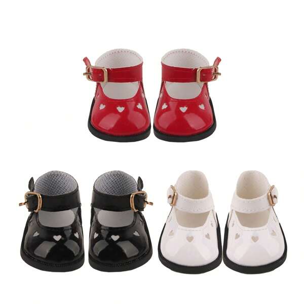 1 par de zapatos para muñecas aptos para muñecas americanas de 18/14 pulgadas, zapatos de muñeca con forma de corazón con decoración calada y diseño de hebilla, disponibles en blanco, rojo y negro, regalo perfecto para niñas y niños en cumpleaños y días festivos