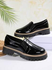 Women's Thick Sole Platform Loafers, Comfortable Shoes, Black Color, Thick Sole Shoes, Platform Heels, Slip-On Shoes - Black - View 5