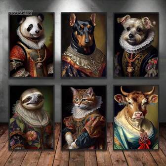 1 pièce Affiches d'art mural avec cadre en option Animaux Vintage Art mural sur canevas Peinture Portrait d'animaux nobles Affiches d'art Chic Chat Dobermann Vache Panda Paresseux Oiseau Murale Décoration de maison, Art mural avec cadre