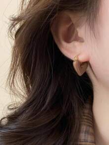 一对简约滴油心形耳环，优雅精致，适合日常穿着 - 咖啡 - 查看 4