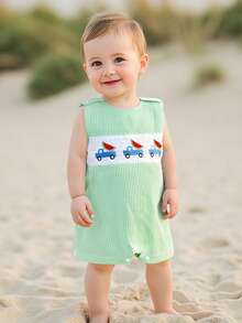 Baby Boy Smocked Outfit Striped Overalls Romper Whale/Watermelon Truck Sleeveless Bodysuit Jumpsuit Shorts Newborn Cute Summer Clothes - 綠色 - 查看 4