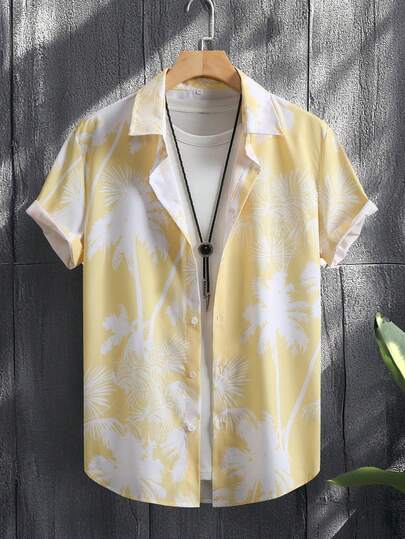 남성 여름 팜트리 프린트 반팔 캐주얼 셔츠